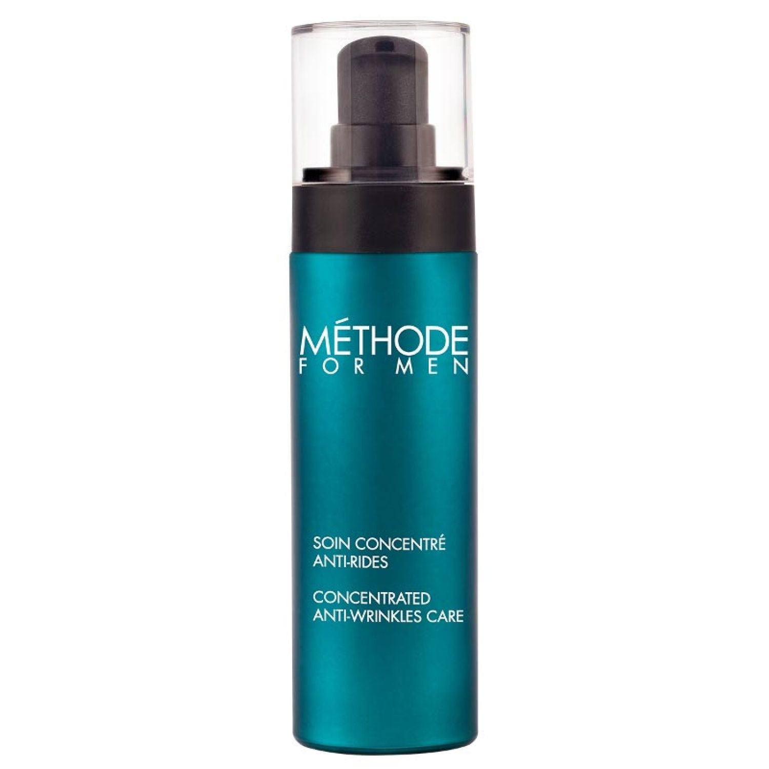 Türkisgrüne Flasche mit schwarzem Pumpkopf. Aufschrift: Méthode For Men, Soin Concentré Anti-Rides, Concentrated Anti-Wrinkles Care.
