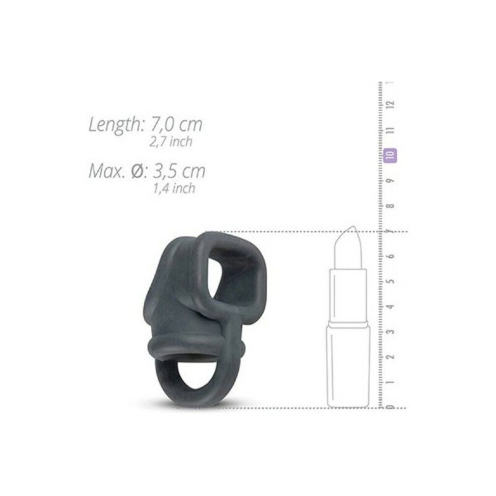Graues Silikon-Produkt mit Maßangaben: Länge 7,0 cm, Ø 3,5 cm. Vergleich mit Lippenstift.