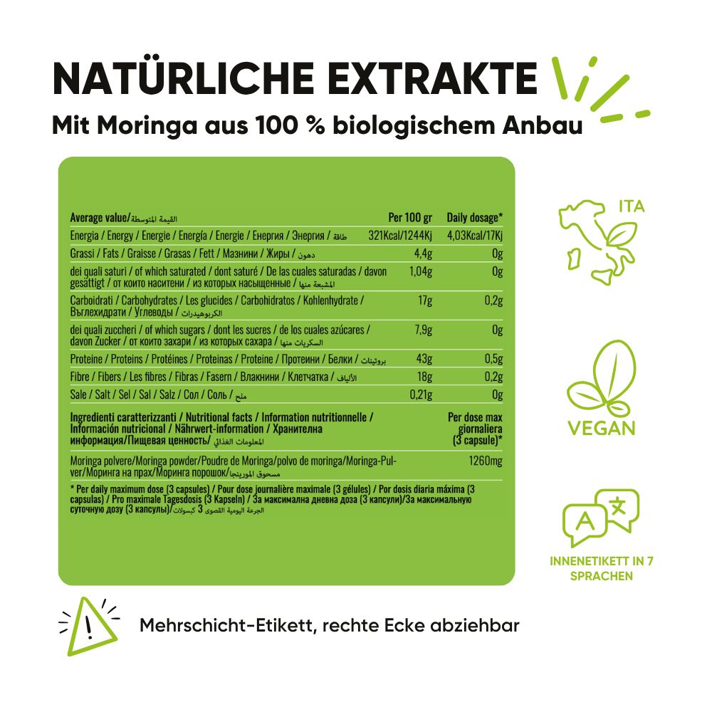 Flasche Moringa Oleifera biologica, umgeben von Kapseln. Unterstützt den Stoffwechsel.