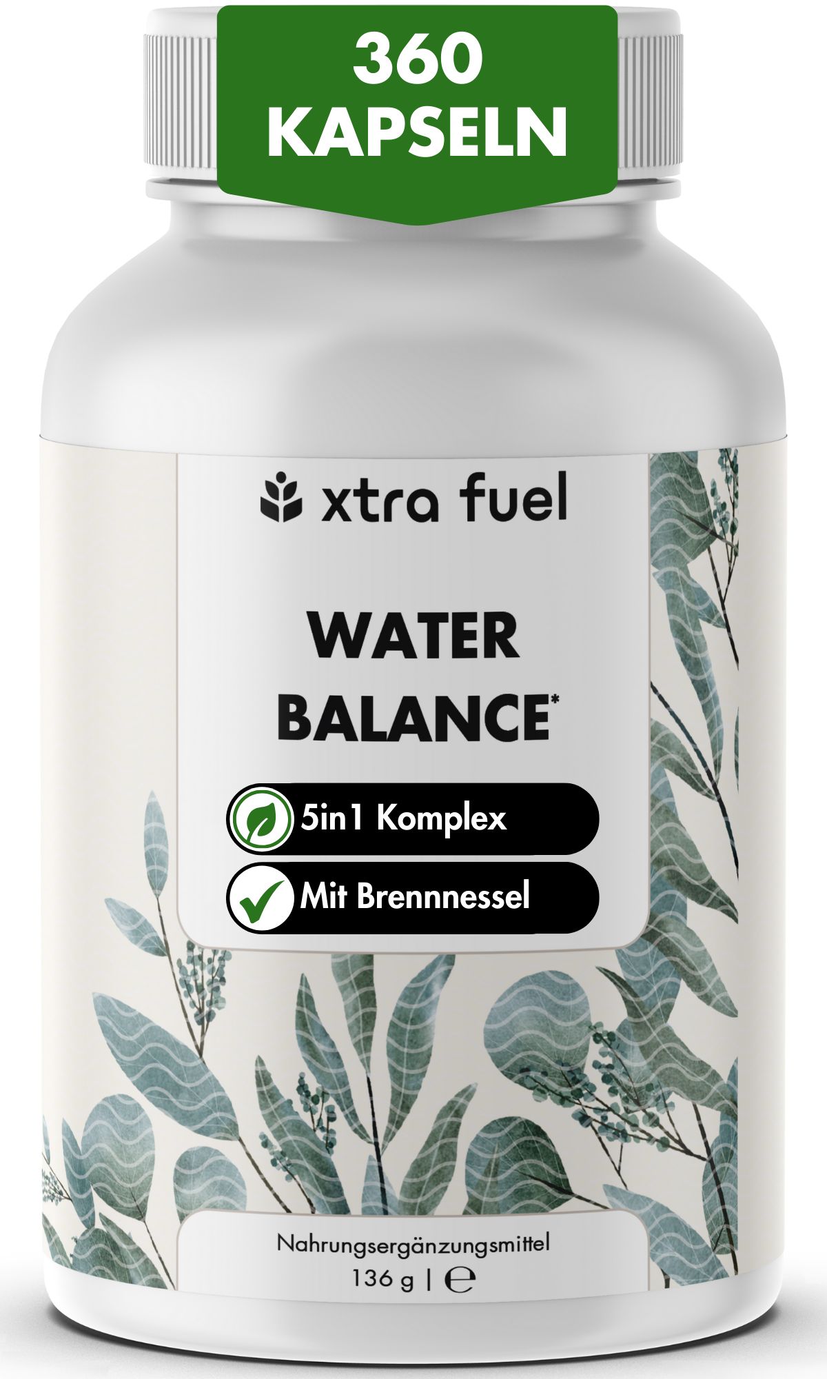 Weiße Flasche mit Kapseln. Aufschrift: XTRA FUEL WATER BALANCE, 5in1 Komplex, Mit Brennnessel. 360 Kapseln.