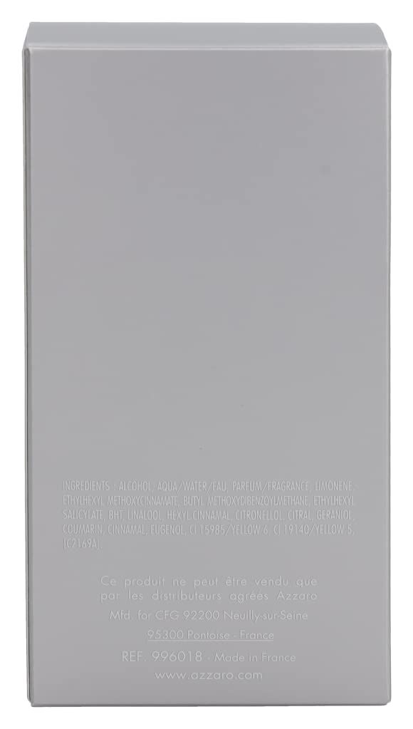 Rückseite der grauen Schachtel Azzaro Pour Homme L'Eau. Text mit Inhaltsstoffen, Herstelleradresse und Referenznummer.