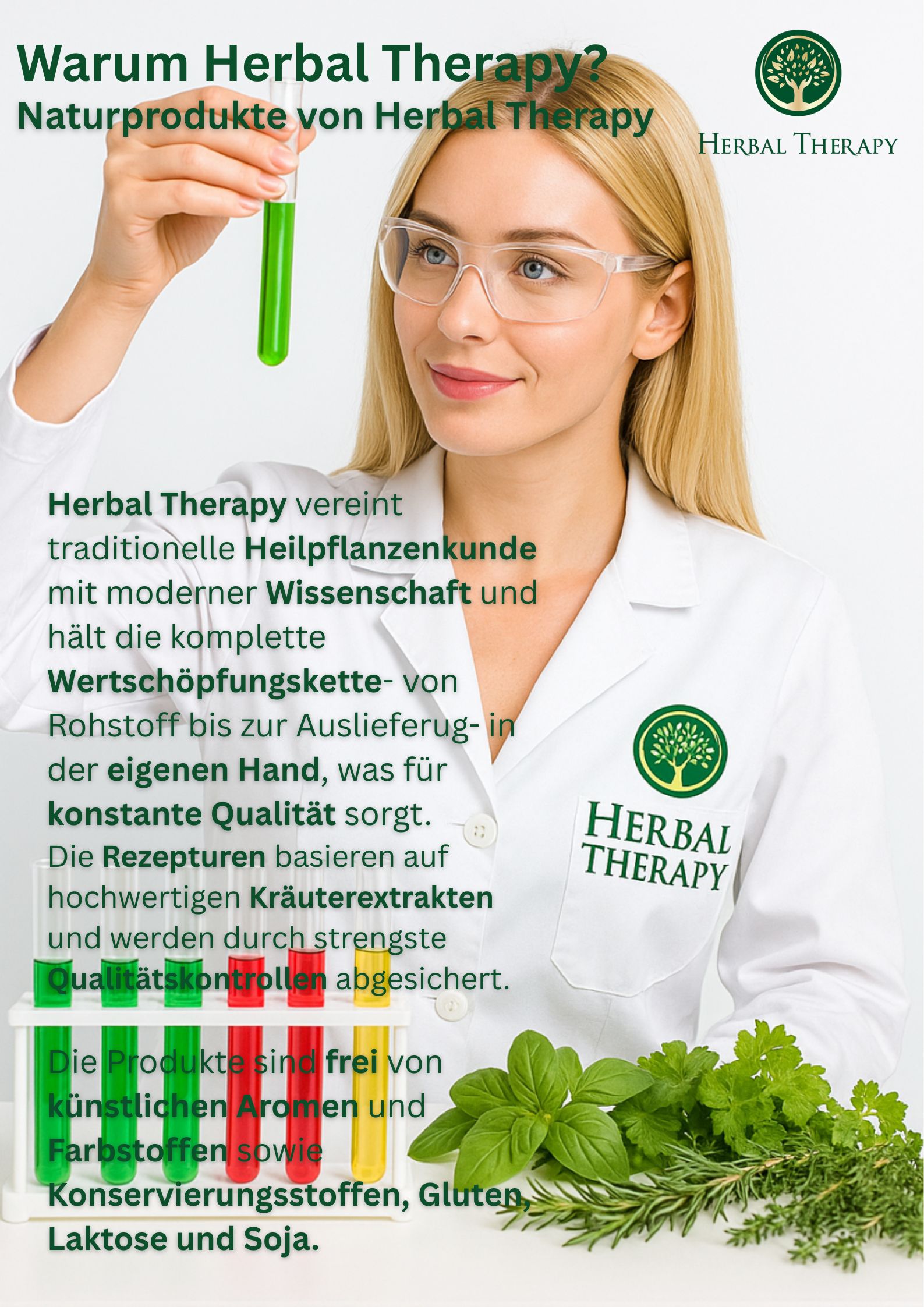 Frau im Laborkittel mit Brille hält Reagenzglas. Aufschrift: Herbal Therapy. Naturprodukte von Herbal Therapy.