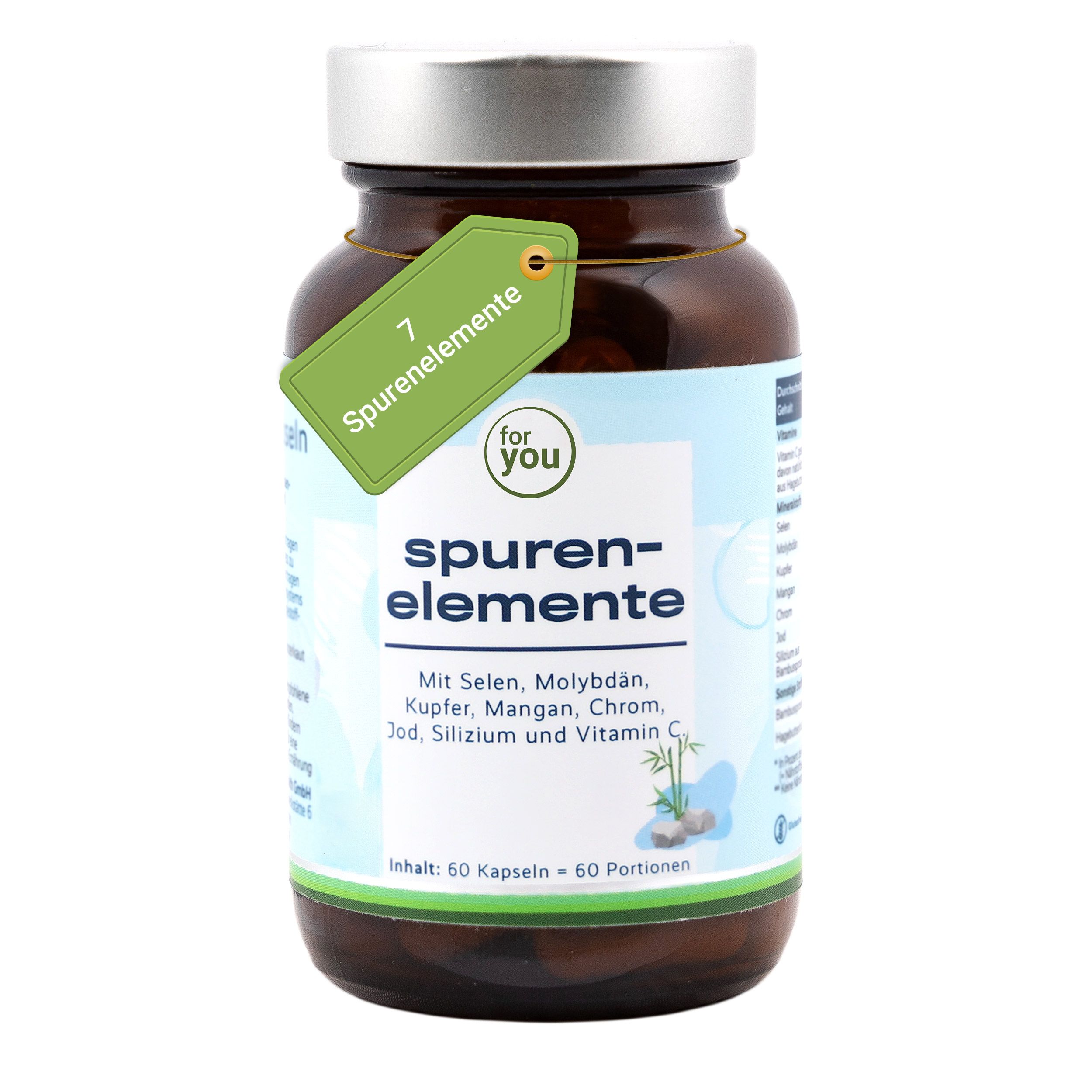 Braune Glasflasche mit 60 Kapseln Spurenelemente, enthält Selen, Molybdän, Kupfer, Mangan, Chrom, Jod, Silizium und Vitamin C.
