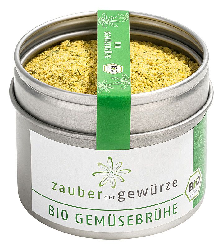 Runde Dose mit Bio Gemüsebrühe. Etikett mit Produktname und Bio-Siegel. Grüner Streifen mit Aufschrift.