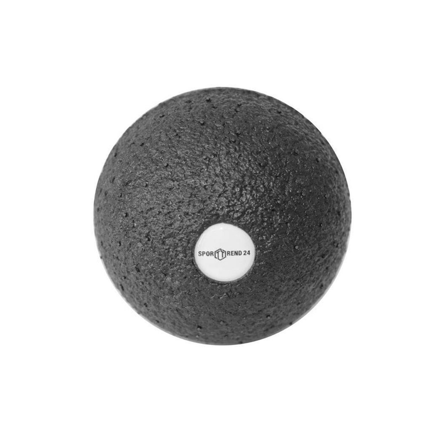 Schwarzer Faszienball mit dem Logo Sporttrend24. Der Ball hat eine raue Oberfläche und ist rund.
