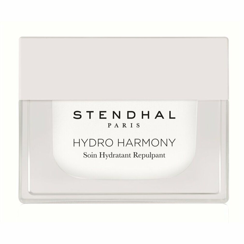 Weißer Tiegel mit Deckel. Aufschrift: STENDHAL PARIS, HYDRO HARMONY, Soin Hydratant Repulpant.