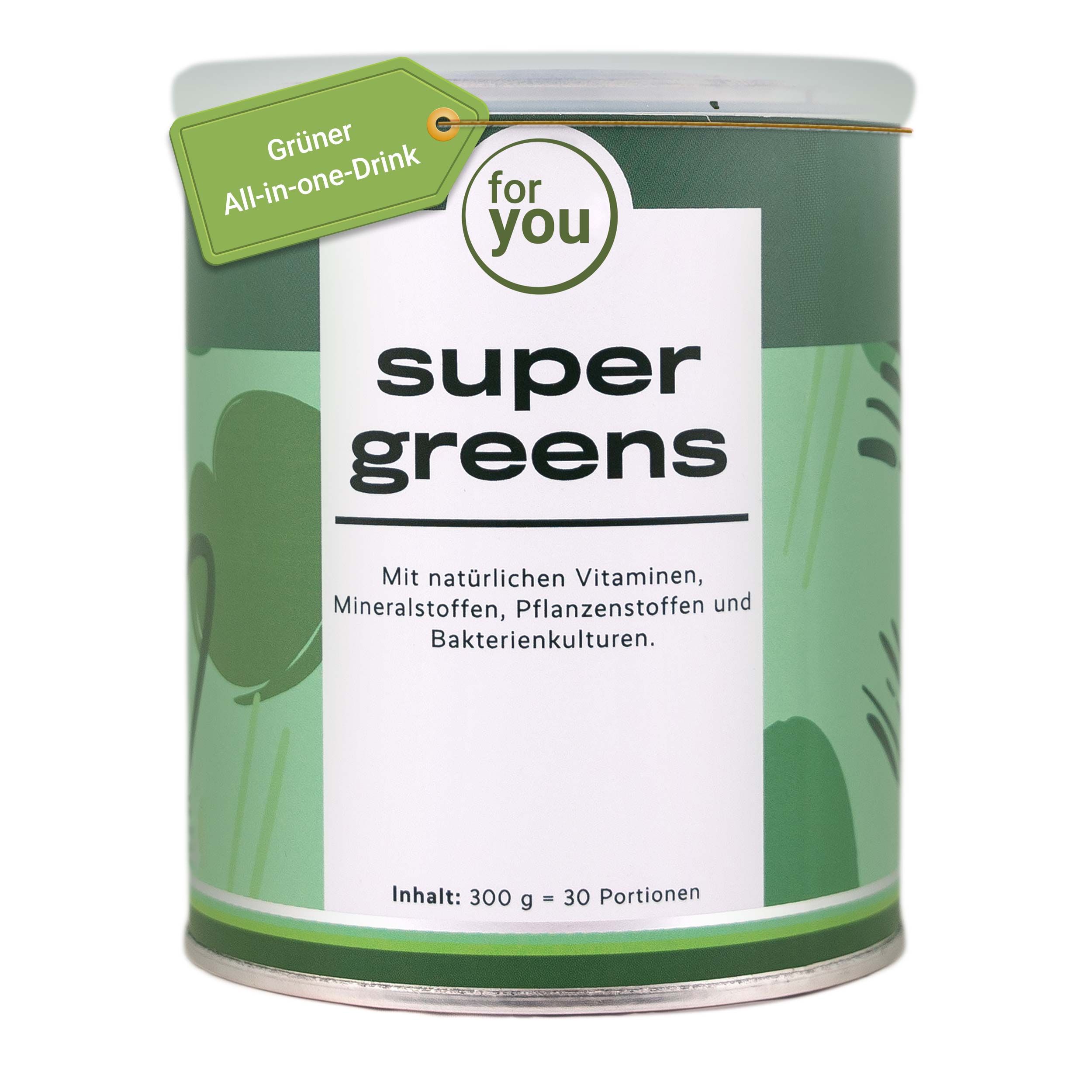Grüner Super Greens All-in-one-Drink in einer Dose mit 300g Inhalt.
