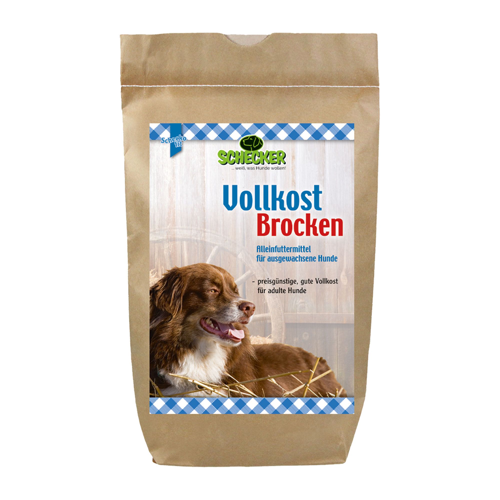 Braune Papiertüte mit Aufdruck. Auf dem Etikett: Schecker Vollkost Brocken, Hund auf Heu. Text: Für ausgewachsene Hunde.
