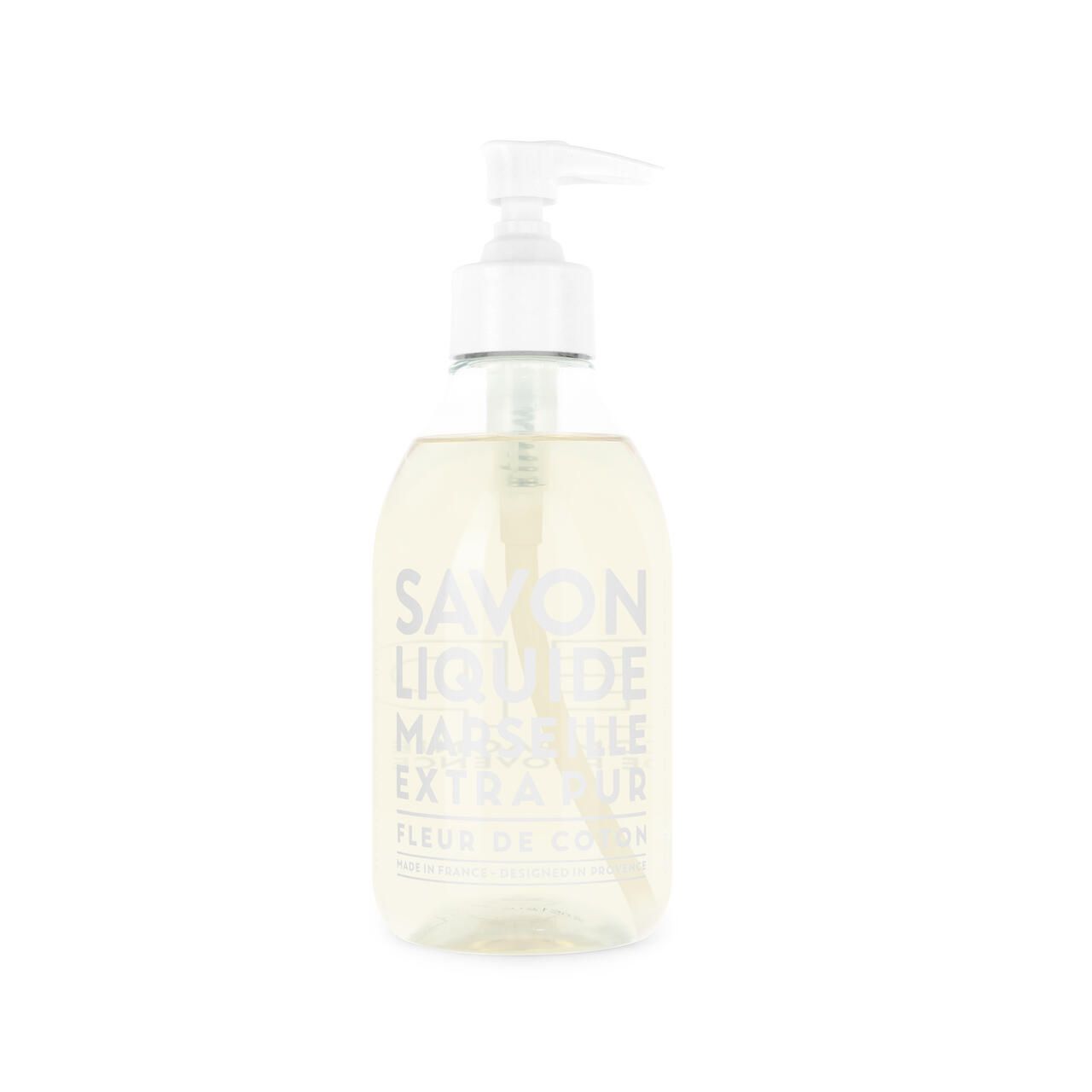 Transparente Flasche mit weißem Pumpkopf. Aufschrift: Savon Liquide Marseille Extra Pur, Fleur de Coton.