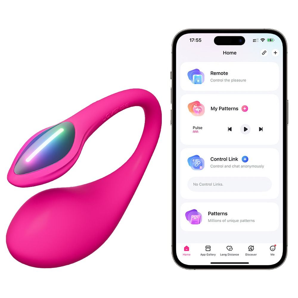 Rosa Vibrator mit gebogener Form und farbigem Licht. Smartphone mit App-Anzeige.