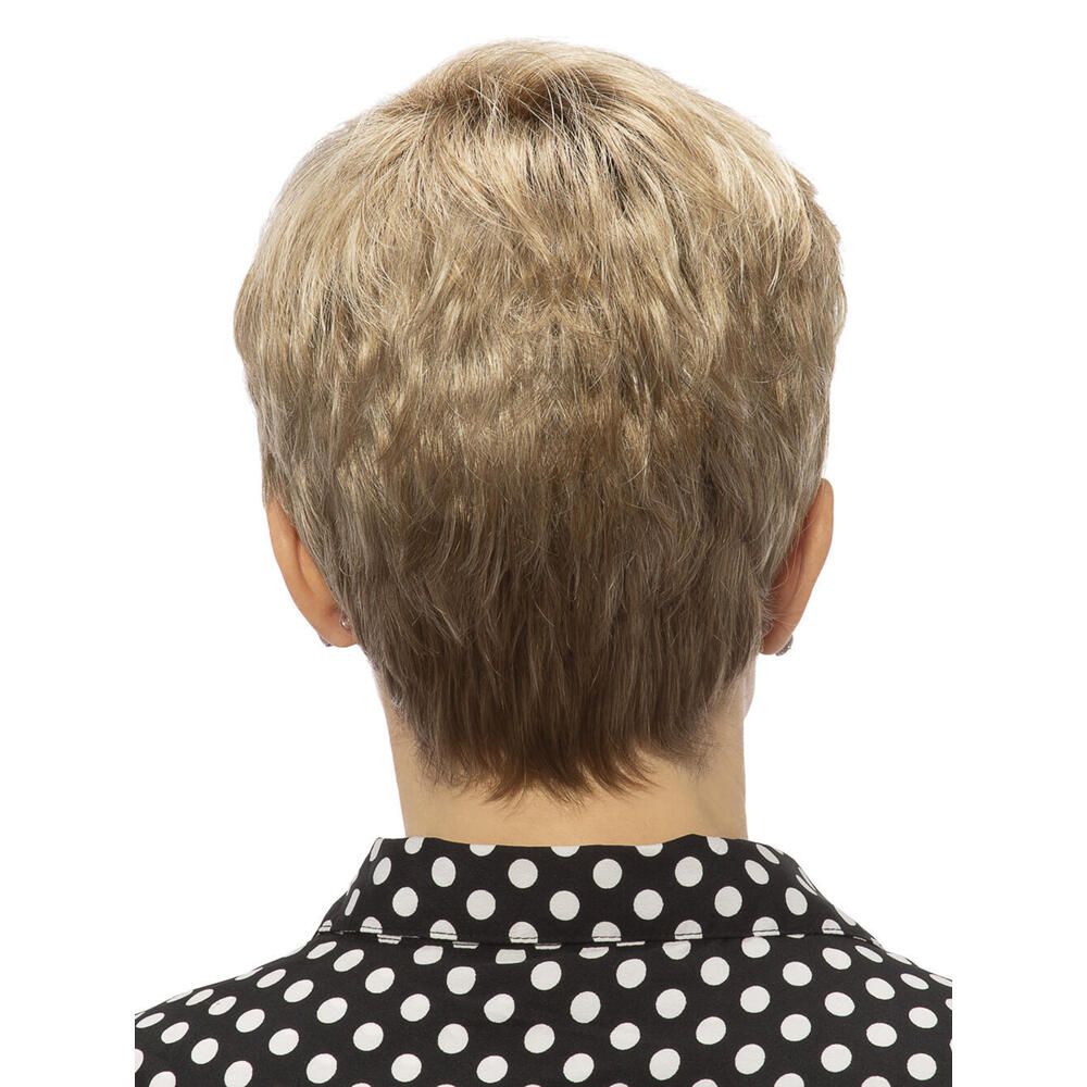 Kurzhaarperücke, blond, wellig. Frau mit gepunkteter Bluse. Rückansicht.