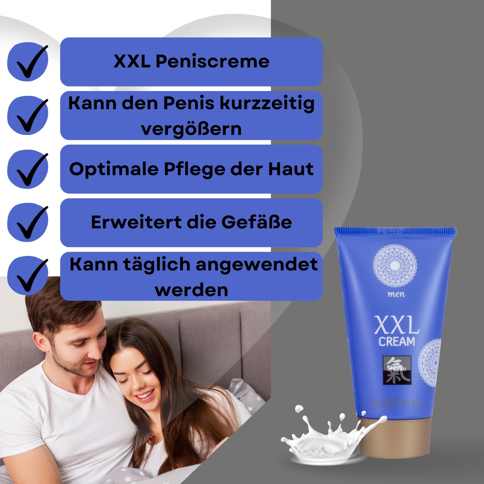 Graue Schachtel und blaue Tube XXL Cream, men, Shiatsu. Frau in roten Schuhen. Hintergrund: Mann.