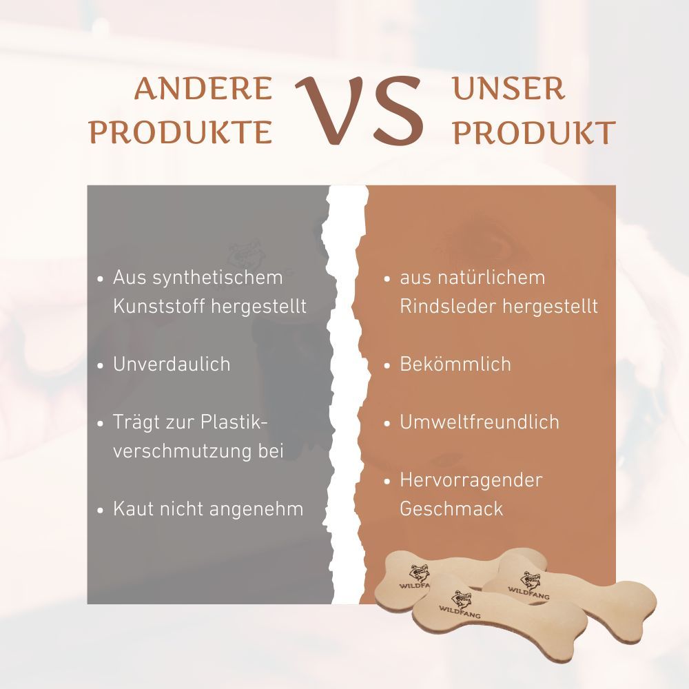 Vergleich von Produkten. Links: synthetischer Kunststoff. Rechts: Rindsleder. Marke: WILDFANG. Umweltfreundlich.