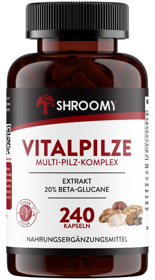 Braune Flasche mit schwarzen Deckel. Aufschrift: SHROOMY, VITALPILZE, Multi-Pilz-Komplex, Extrakt, 20% Beta-Glucane, 240 Kapseln. Vegan-Siegel.