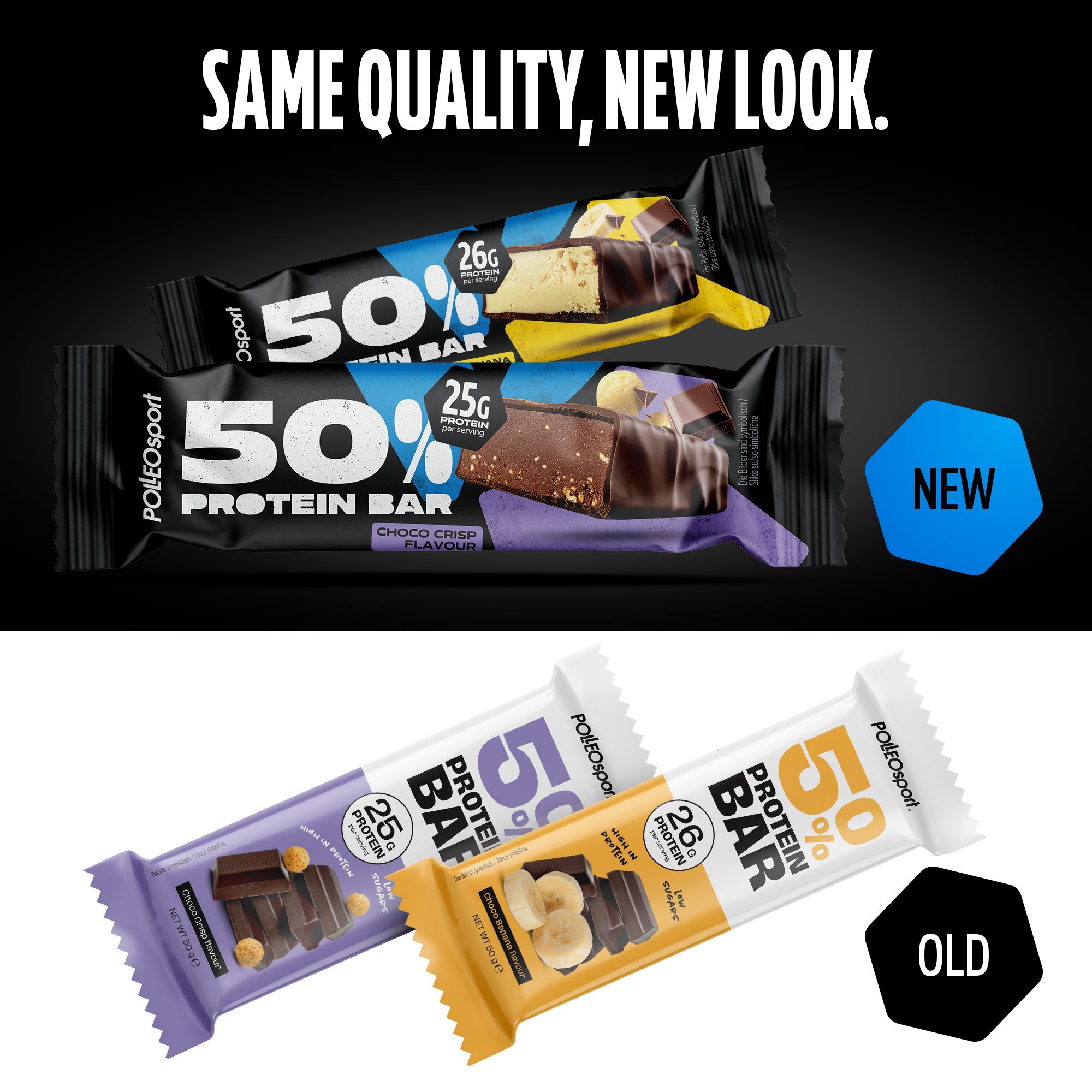 Proteinriegel mit 50% Protein. Aufdruck: 26g Protein. Verpackungen in verschiedenen Farben. Text: SAME QUALITY, NEW LOOK.