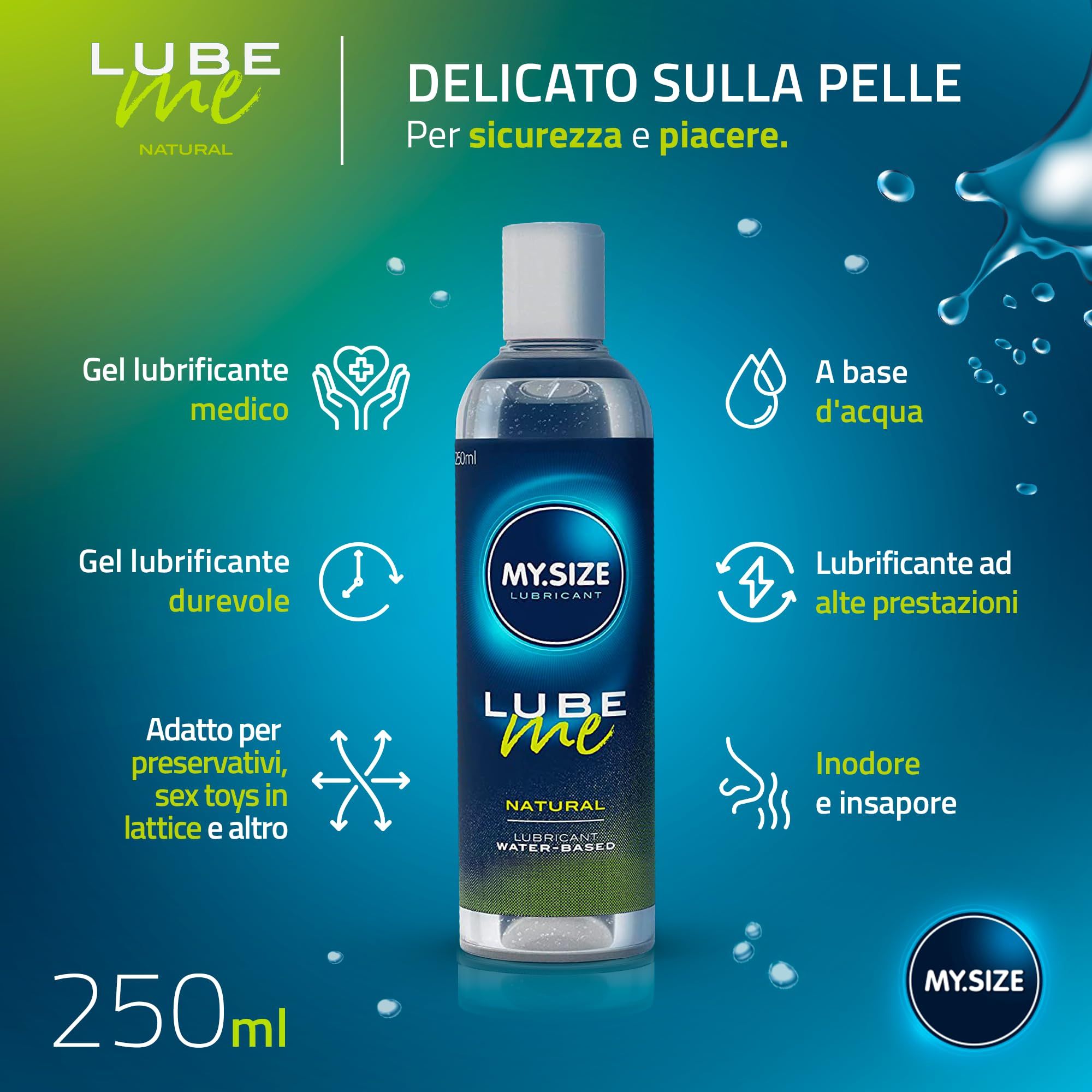 MY.SIZE Lube Me Natural Gleitgel Flasche mit Icons für Eigenschaften.