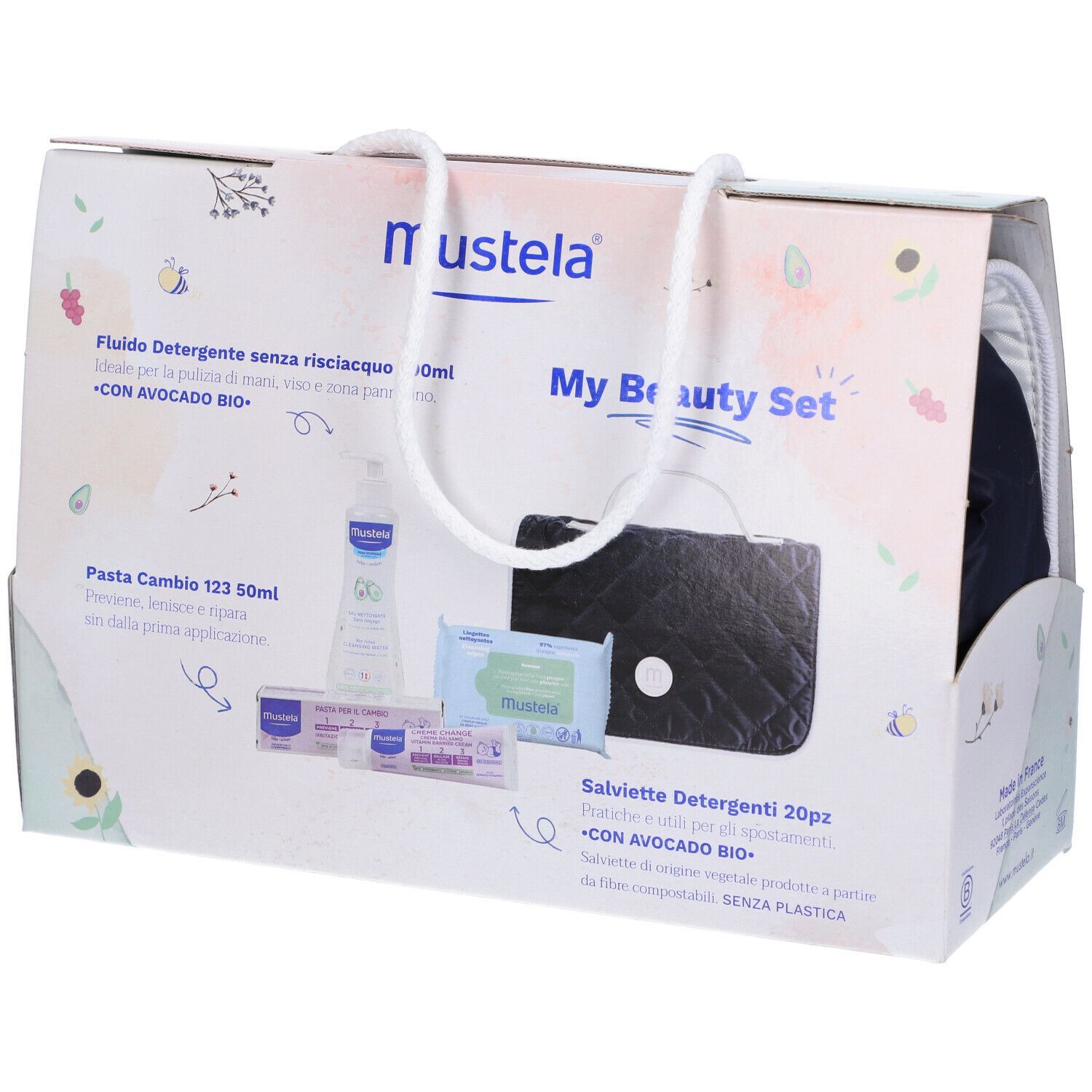 Confezione aperta del Mustela My Beauty Set. Contiene prodotti come lozione, crema e salviette. Nome e logo del prodotto.
