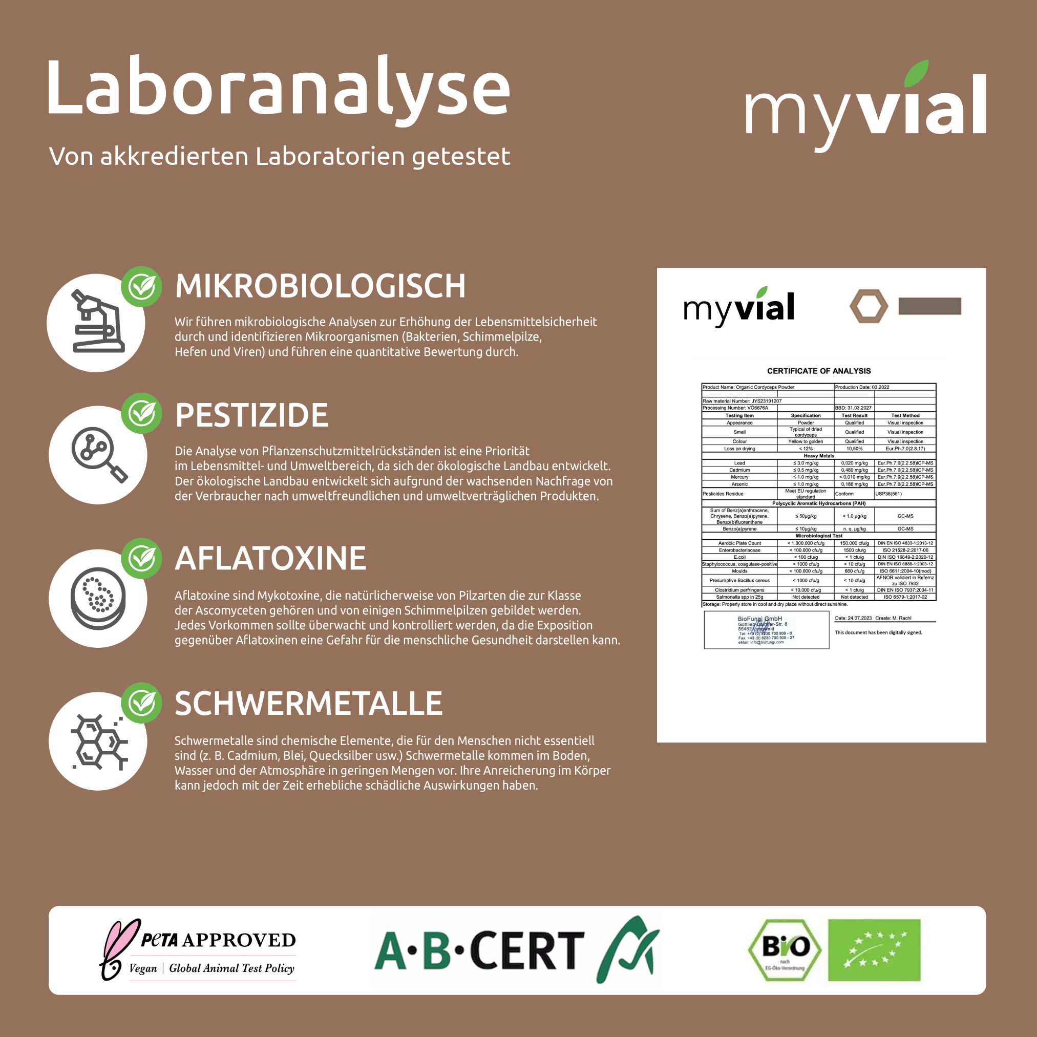 myvial® Bio Cordyceps Kapseln - 120 Stück aus reinem Fruchtkörper - vegan & plastikfrei