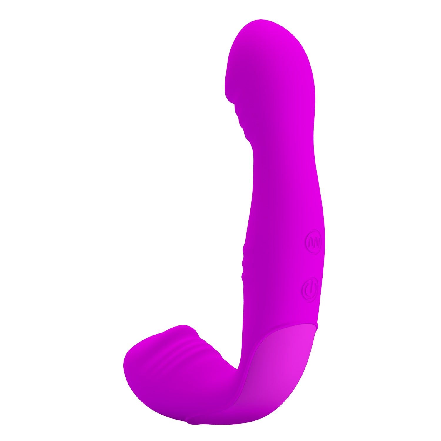 Lila Vibrator mit gebogener Form. Ein Ende abgerundet, das andere hat eine längliche Form. Zwei Knöpfe.