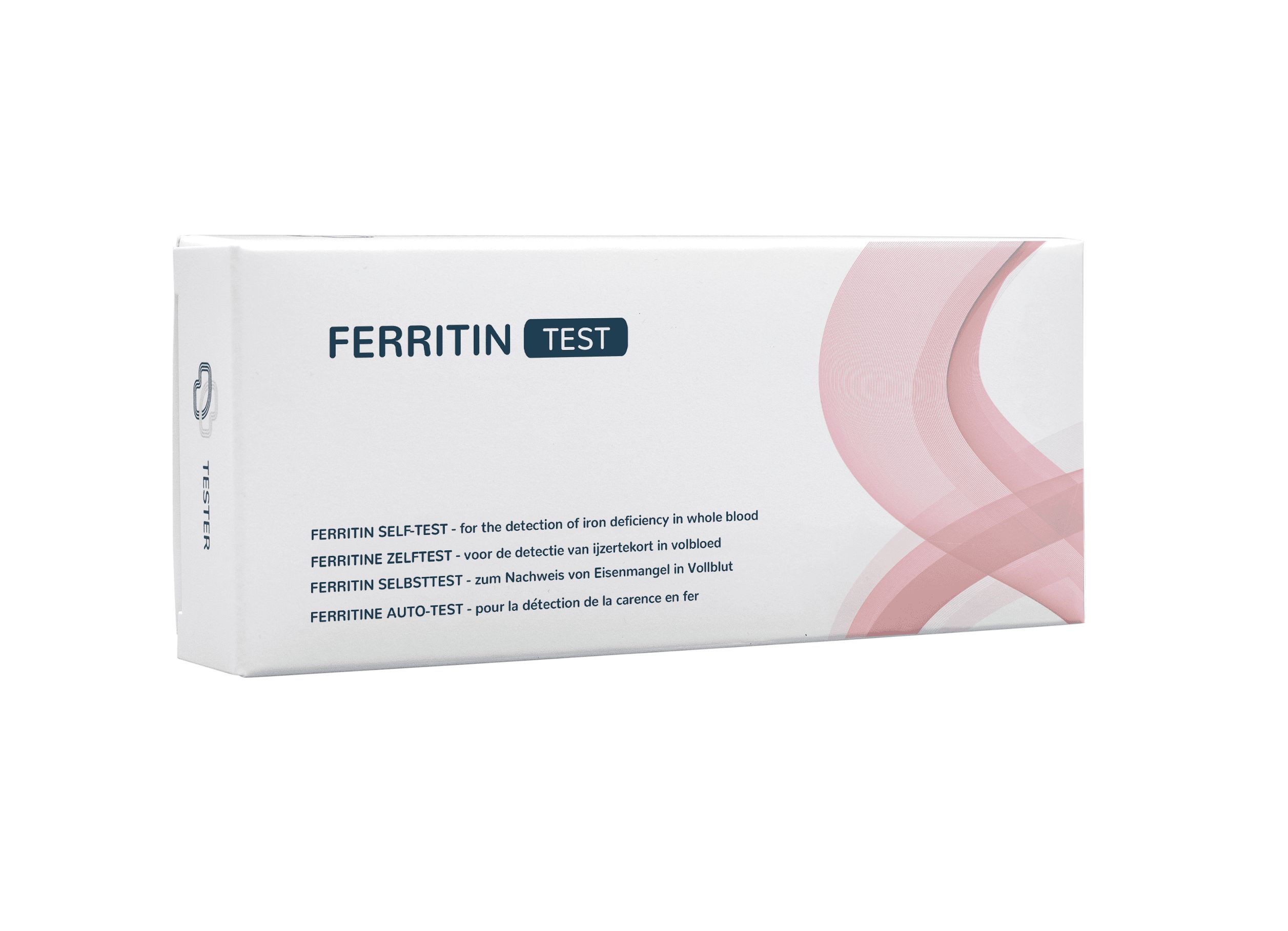 Verpackung des Ferritin Selbsttests mit Produktnamen und Anwendungsbereichen in mehreren Sprachen.