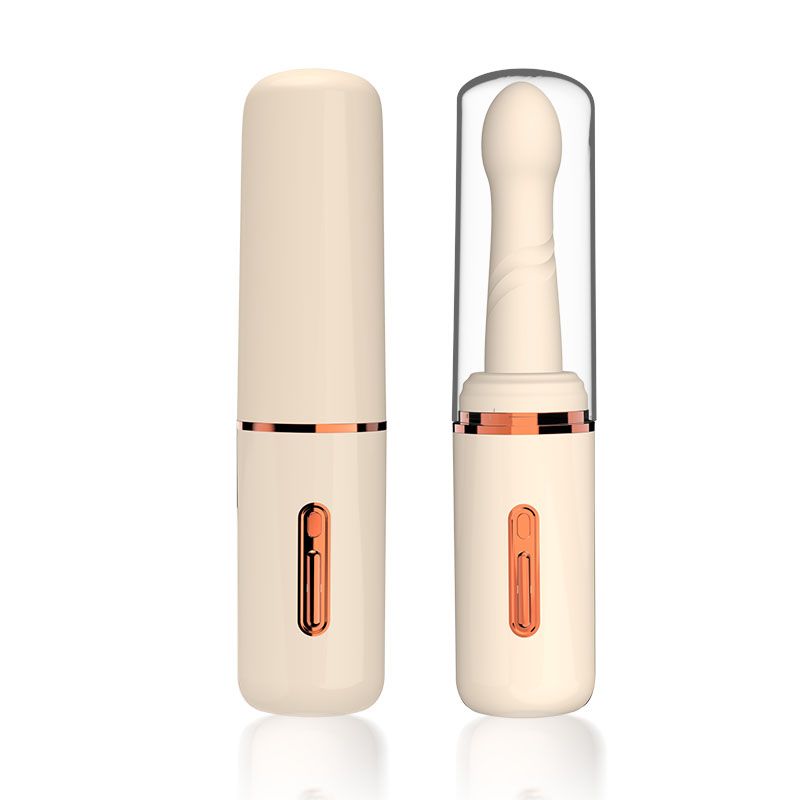 Beigefarbener Vibrator mit goldfarbenen Akzenten, in einer Hülle. Rechts eine zweite Hülle mit Vibrator.