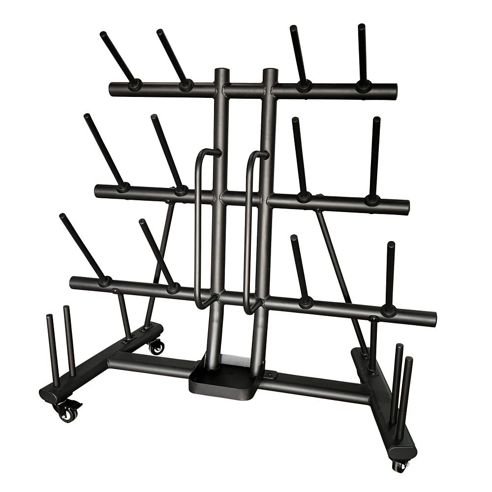 Schwarzer Langhantel-Ablageständer mit mehreren horizontalen Stangen und vertikalen Stiften. Mit Rollen für Mobilität.
