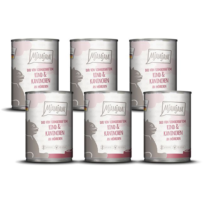 MjAMjAM - DUO von schmackhaftem Rind & Kaninchen an Möhrchen 6x400 g Futter