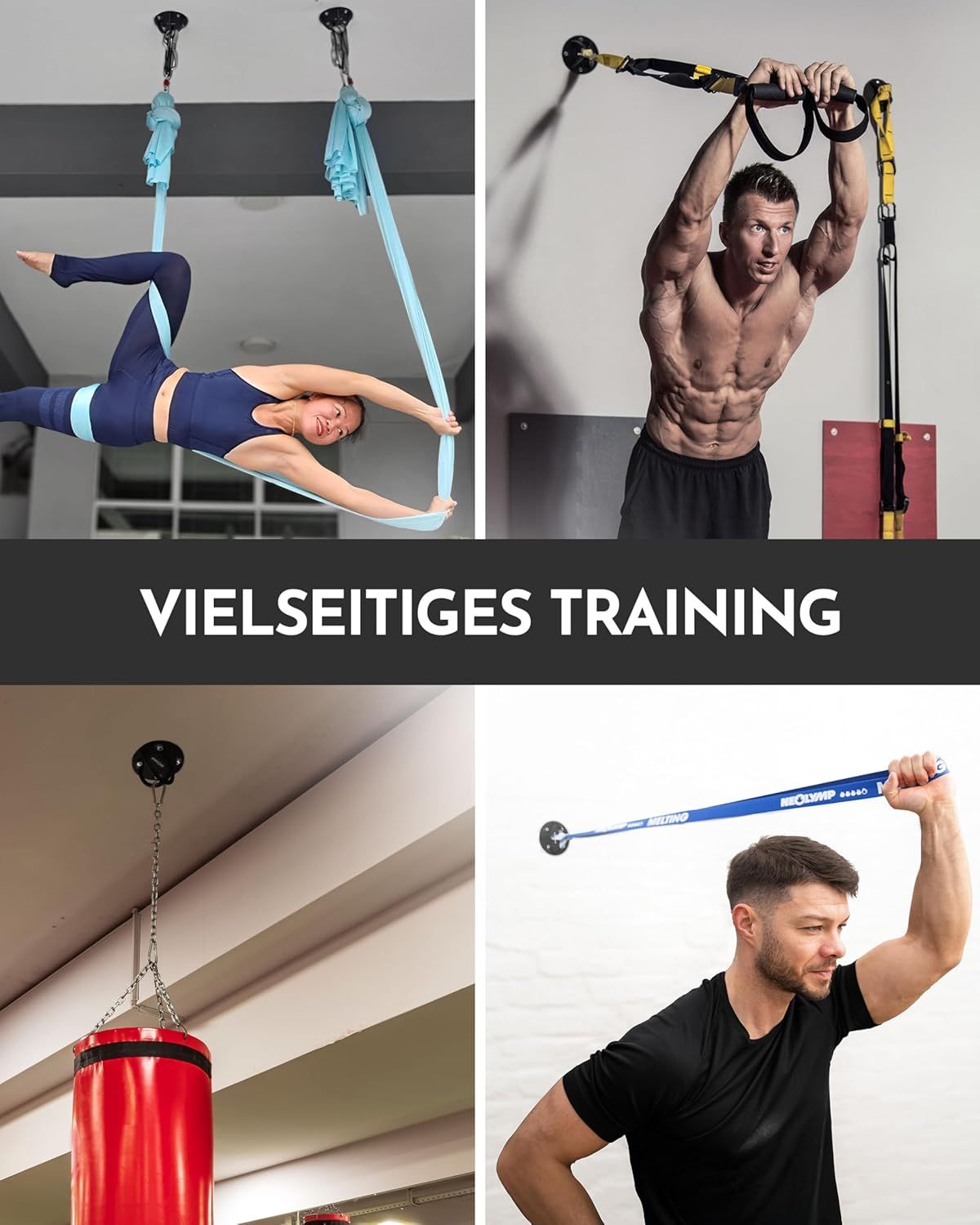 Vier Bilder zeigen verschiedene Trainingsmöglichkeiten mit dem Wandanker: Yoga-Tuch, TRX-Training, Boxsack und Trainingsstab.