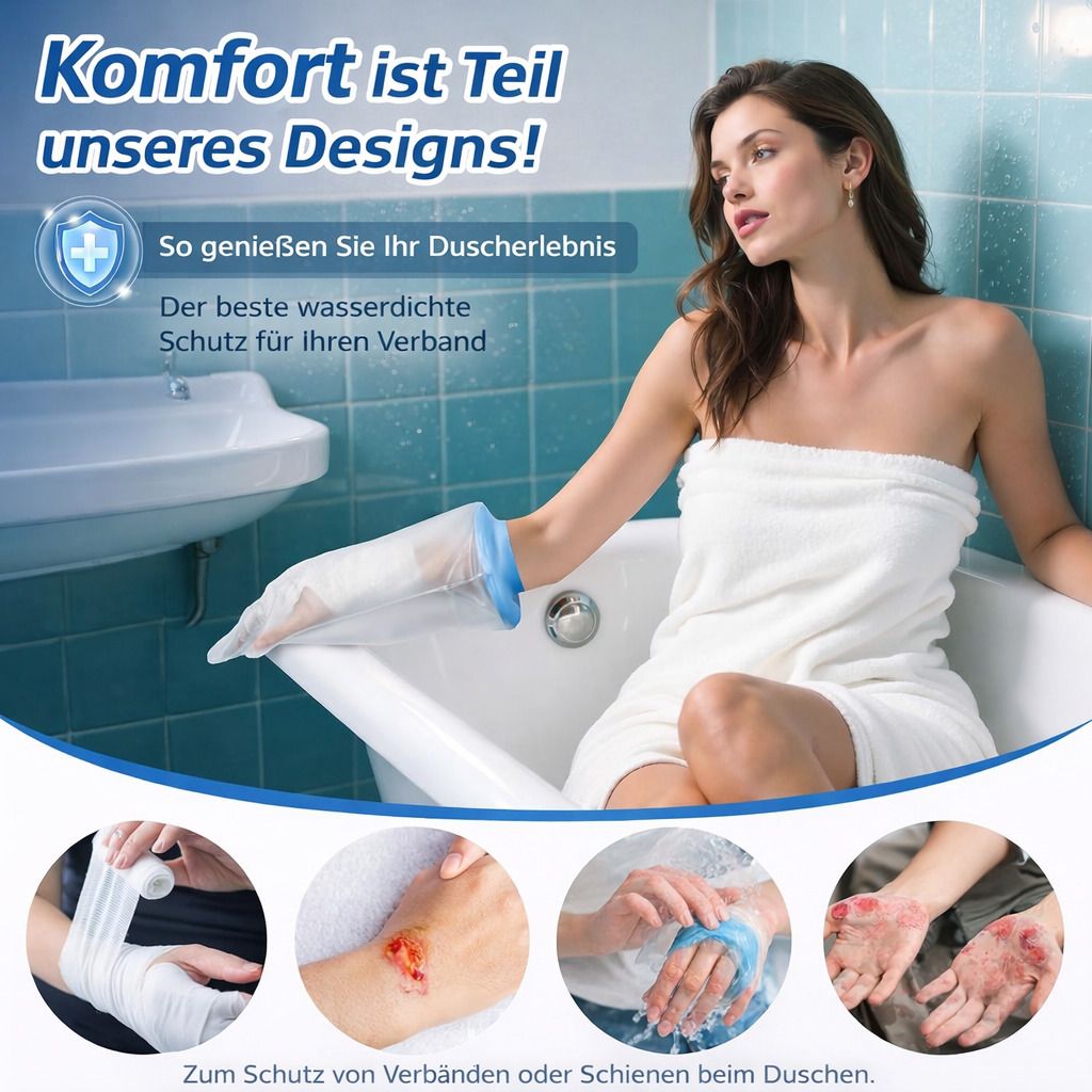 Frau in Badewanne mit Hand-Duschschutzhülle. Darunter Bilder von Verbänden und Verletzungen. Text: Komfort ist Teil unseres Designs!