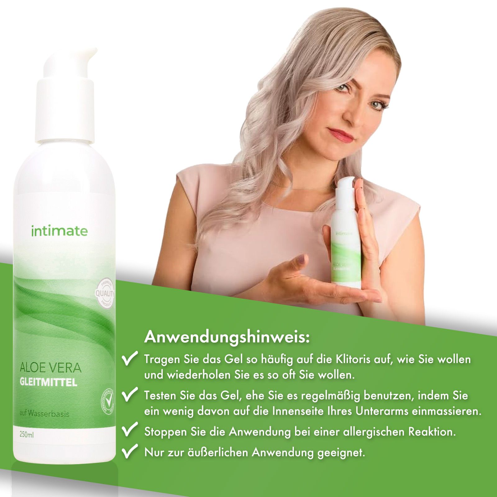 Frau mit INTIMATE Aloe Vera Gleitmittel Flasche, Anwendungshinweise.