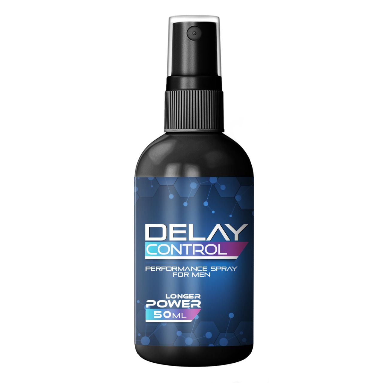 Schwarze Flasche mit Sprühkopf. Aufschrift: DELAY CONTROL, PERFORMANCE SPRAY FOR MEN, LONGER POWER, 50ML.