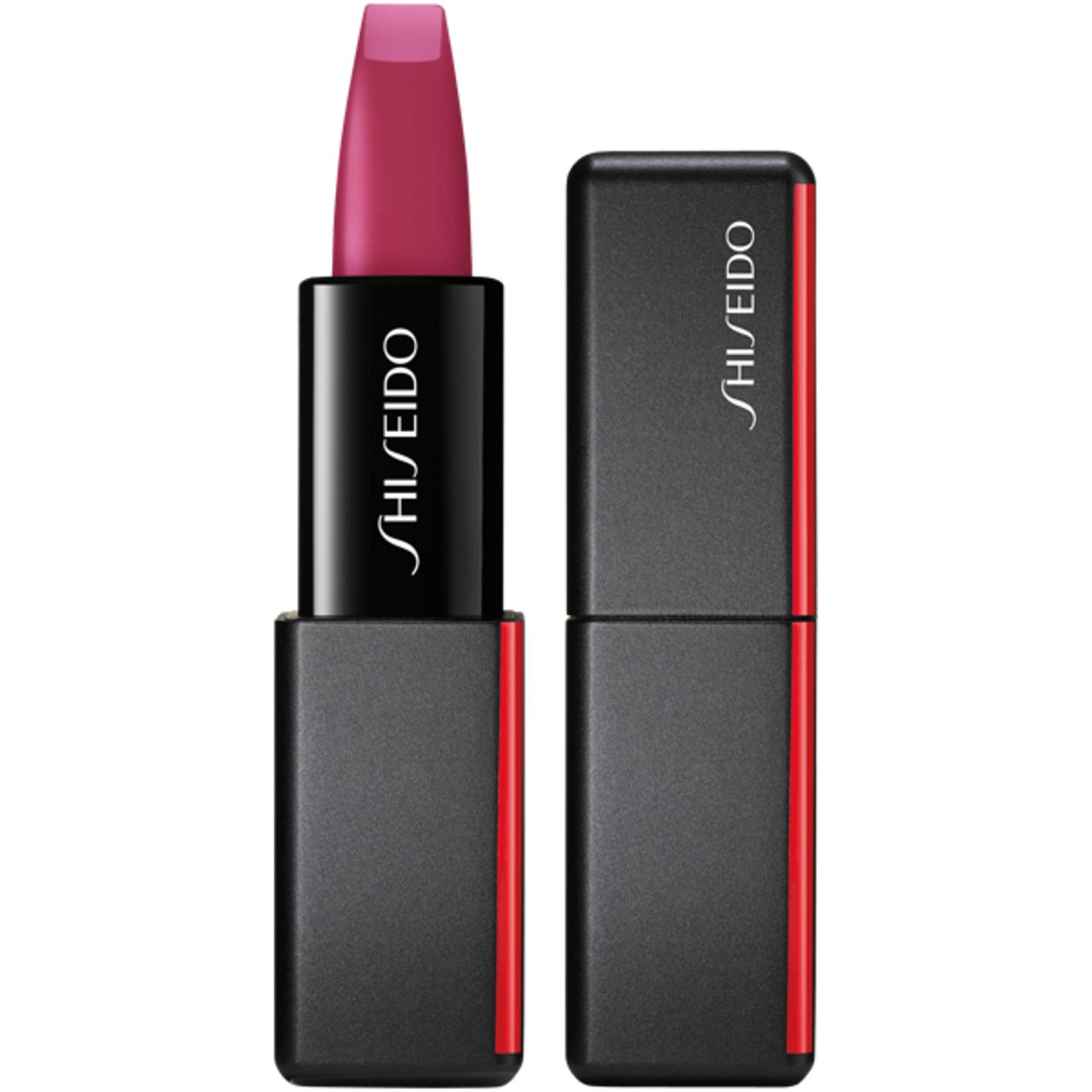 Lippenstift in Schwarz mit roter Akzentlinie. Geöffneter Lippenstift mit pinker Spitze. Marke: Shiseido.