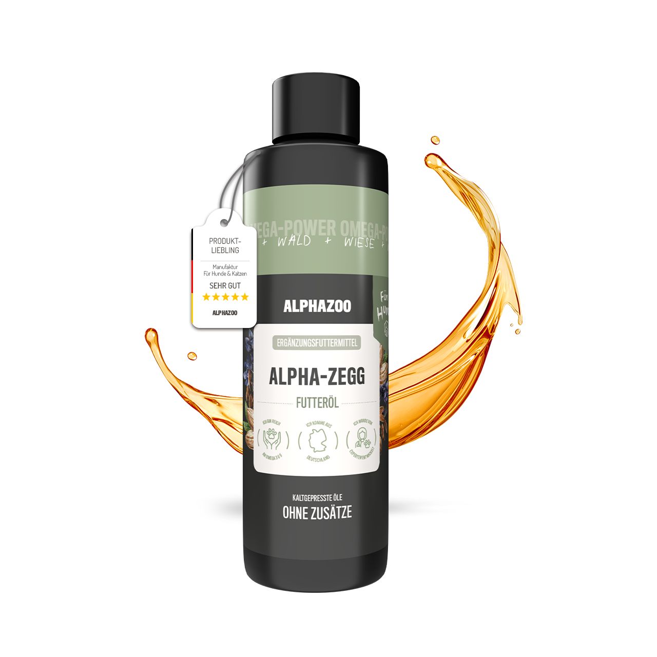 Schwarze Flasche Alpha-Zegg Futteröl. Etikett mit Produktinformationen und Gütesiegel. Goldfarbener Ölspritzer.