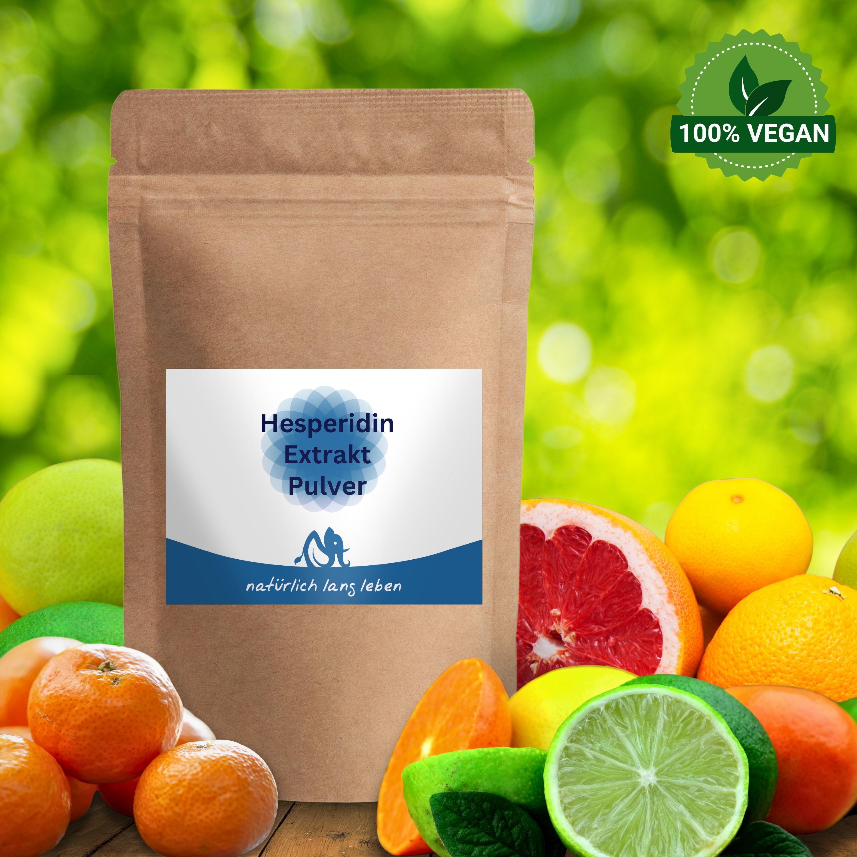 Braune Tüte mit Etikett und Früchten. Auf dem Etikett steht: Hesperidin Extrakt Pulver. Darunter: natürlich lang leben. 100% Vegan Siegel.