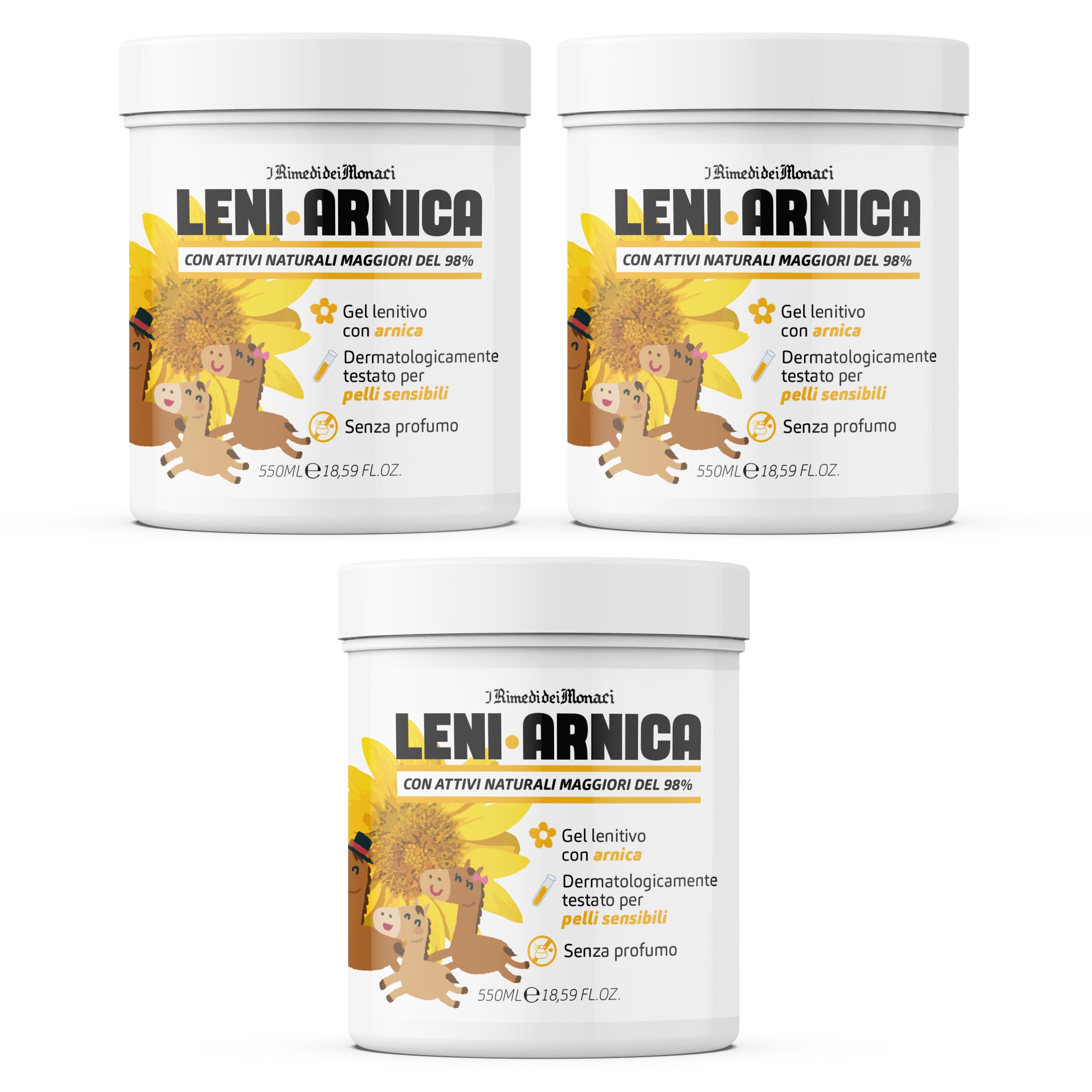 Drei weiße Tiegel mit Produktaufdruck. Aufschrift: Leni Arnica. Gel für empfindliche Haut. Mit Illustrationen von Sonnenblume und Tieren.