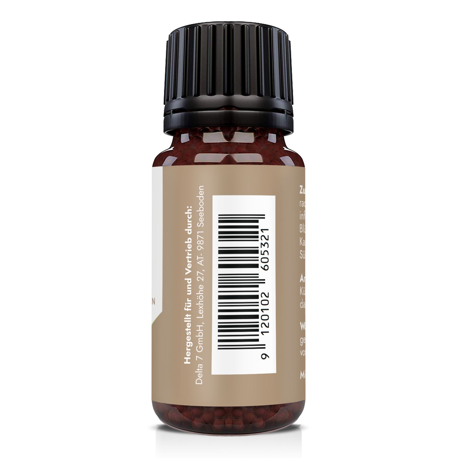 Braune Glasflasche mit schwarzem Deckel. Etikett mit Barcode und Text: Hergestellt für und Vertrieb durch.