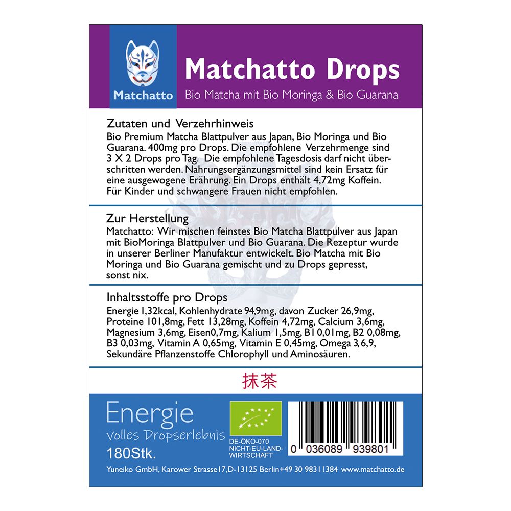 Rückseite der Matchatto Drops Verpackung. Text: Zutaten, Verzehrhinweis, Inhaltsstoffe, Bio-Siegel, 180 Stk., DE-ÖKO-070.