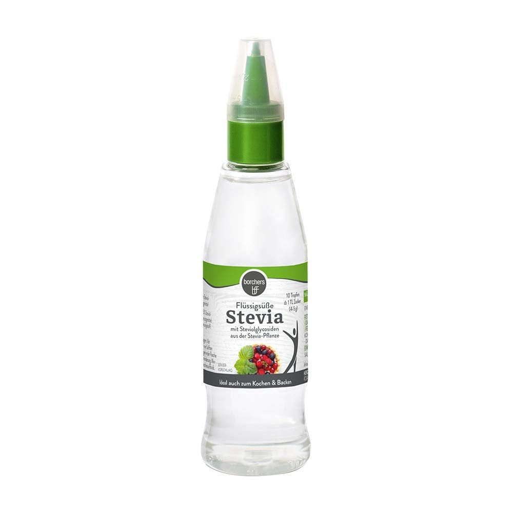 Börchers Bio Stevia Flüssigsüße in einer transparenten Flasche mit grünem Tropfverschluss, isoliert auf weißem Hintergrund.
