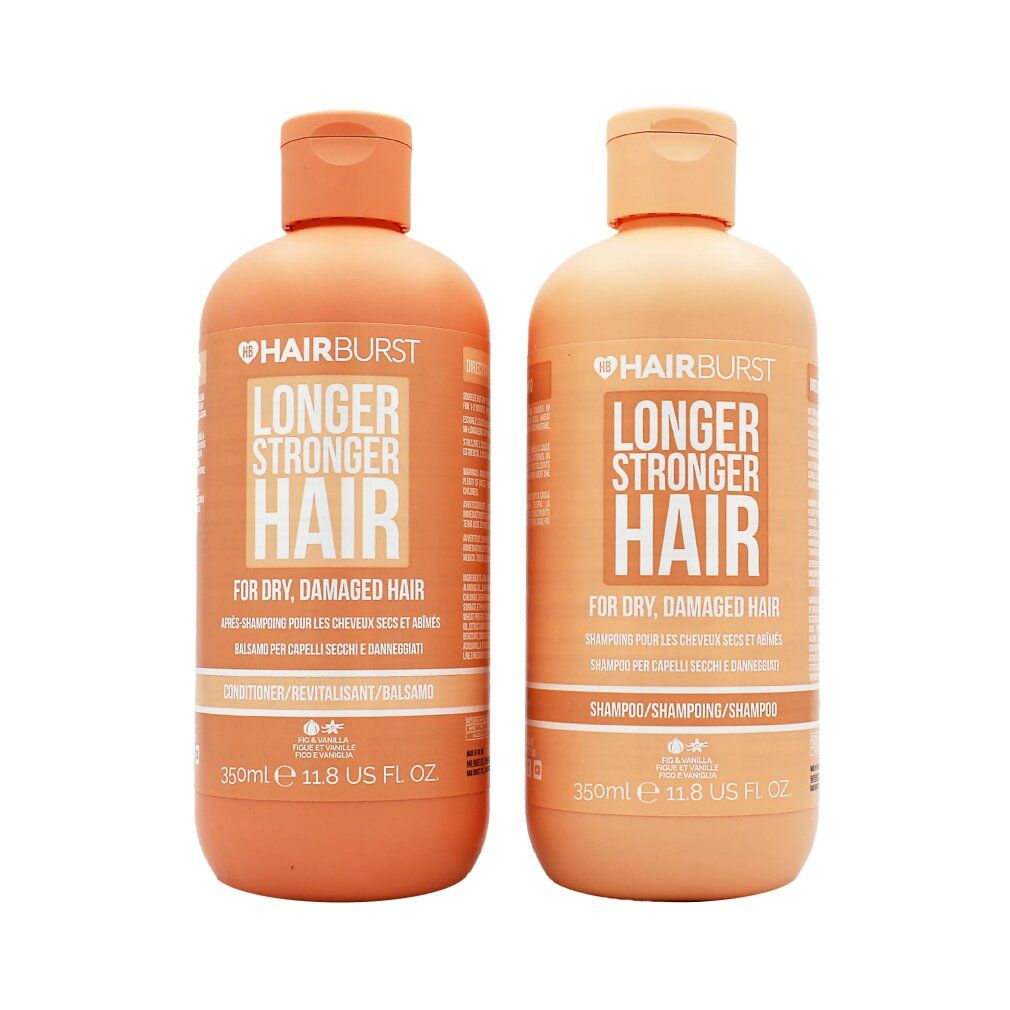 Zwei Flaschen Shampoo und Conditioner. Aufschrift: Longer, Stronger Hair, für trockenes, geschädigtes Haar. Farbton: Pfirsich.
