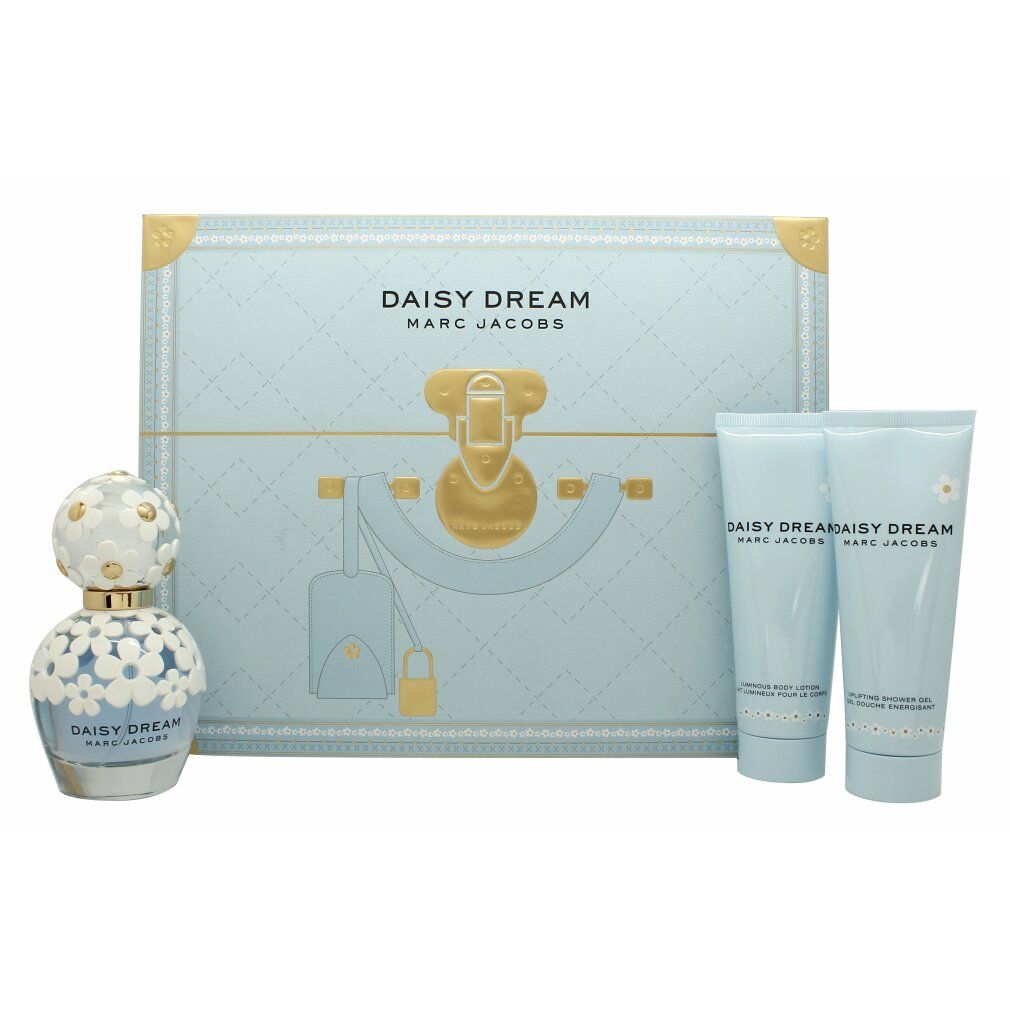 Geschenkset mit Parfümflakon und zwei Tuben. Hellblaue Verpackung mit goldfarbenen Akzenten. Aufschrift: Daisy Dream, Marc Jacobs.