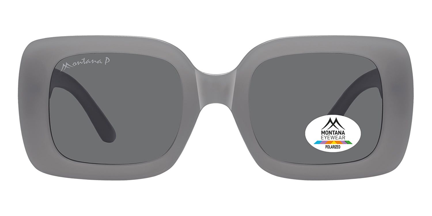 Graue Sonnenbrille mit rechteckigen Gläsern. Montana Eyewear Logo und Polarisationsaufkleber.