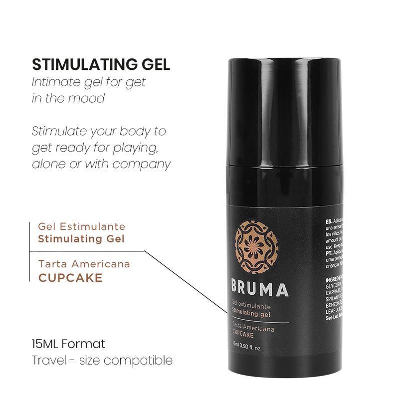 Schwarze Flasche mit Spenderpumpe, "BRUMA" und "Stimulating Gel" Aufschrift, 15ml.