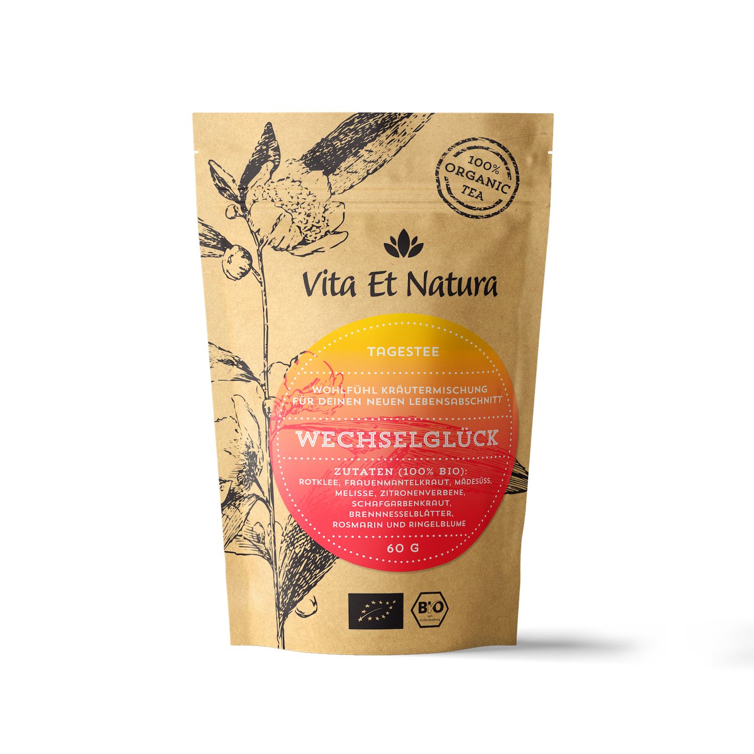 Teebeutel. Aufschrift: Vita Et Natura, Tagestee Wechselglück, 100% Organic Tea. Zutaten: Rotklee, Frauenmantelkraut, etc. Bio-Siegel. 60g.