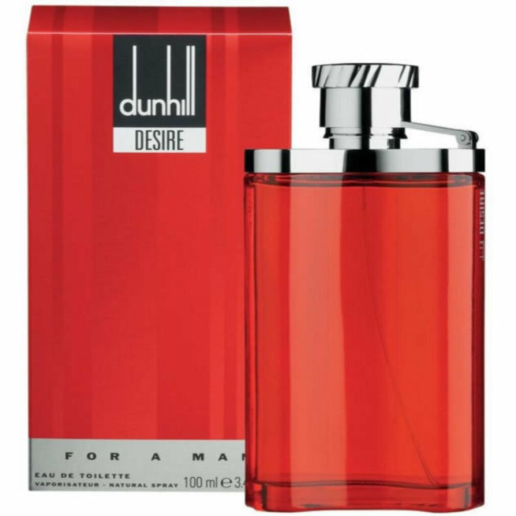 Rotes Parfümflakon und Schachtel. Flakon mit silbernem Verschluss. Text: Dunhill London Desire, Eau de Toilette, 100ml.