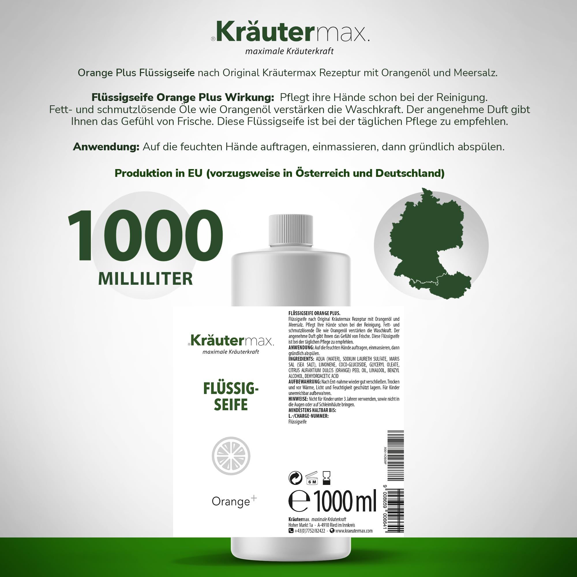 Flasche Flüssigseife mit Kräutermax-Logo, Text und Orangen-Symbol. Aufschrift '1000 Milliliter'. Karte mit Text und EU-Produktionshinweis.
