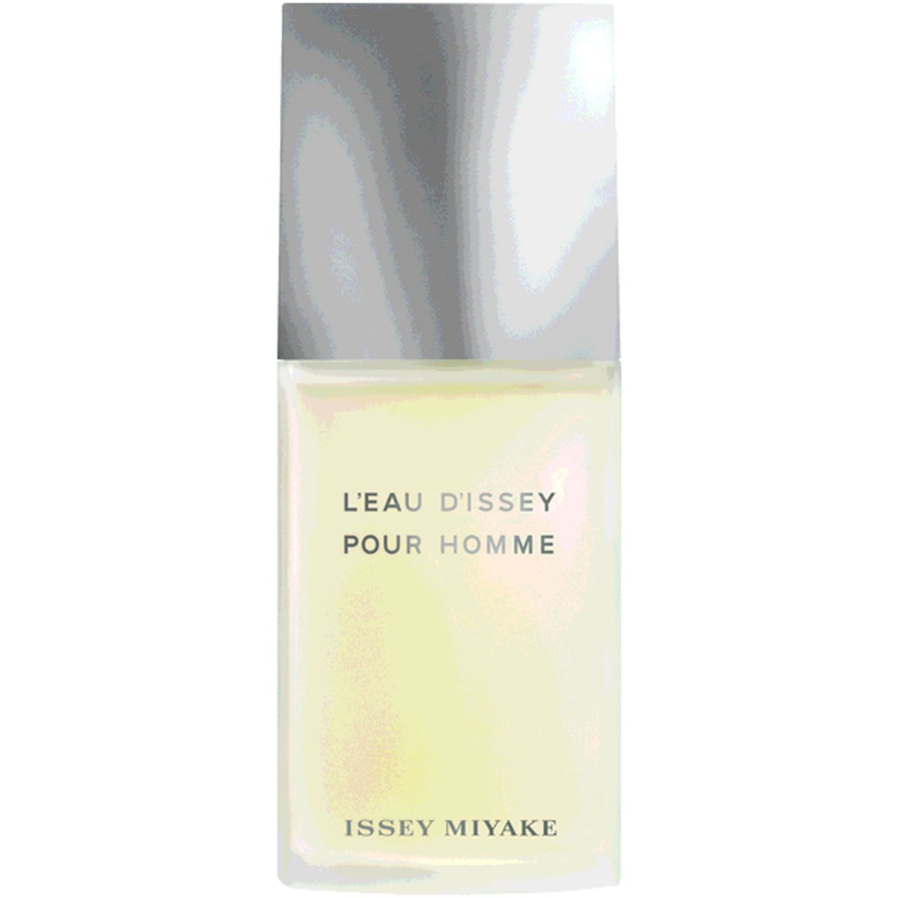 Rechteckiger Flakon mit silberfarbenem Deckel. Aufschrift: L'EAU D'ISSEY POUR HOMME, ISSEY MIYAKE.