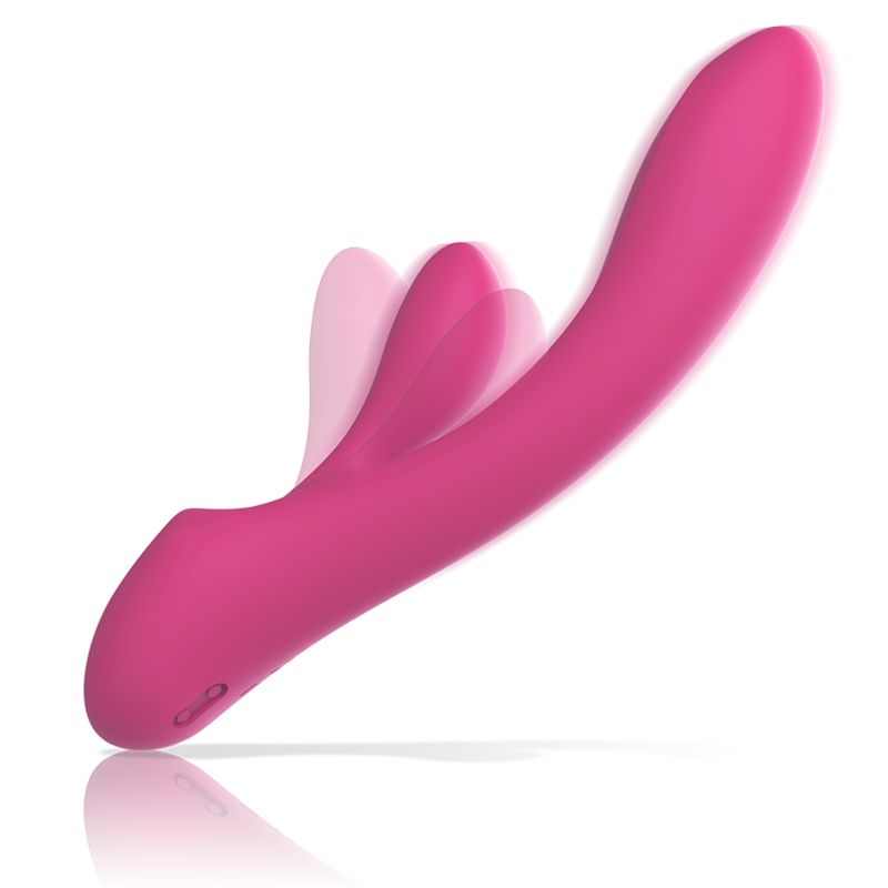 Rosa Vibrator aus Silikon. Form: gebogen mit zwei Vorsprüngen. Sichtbare Bewegungsunschärfe.