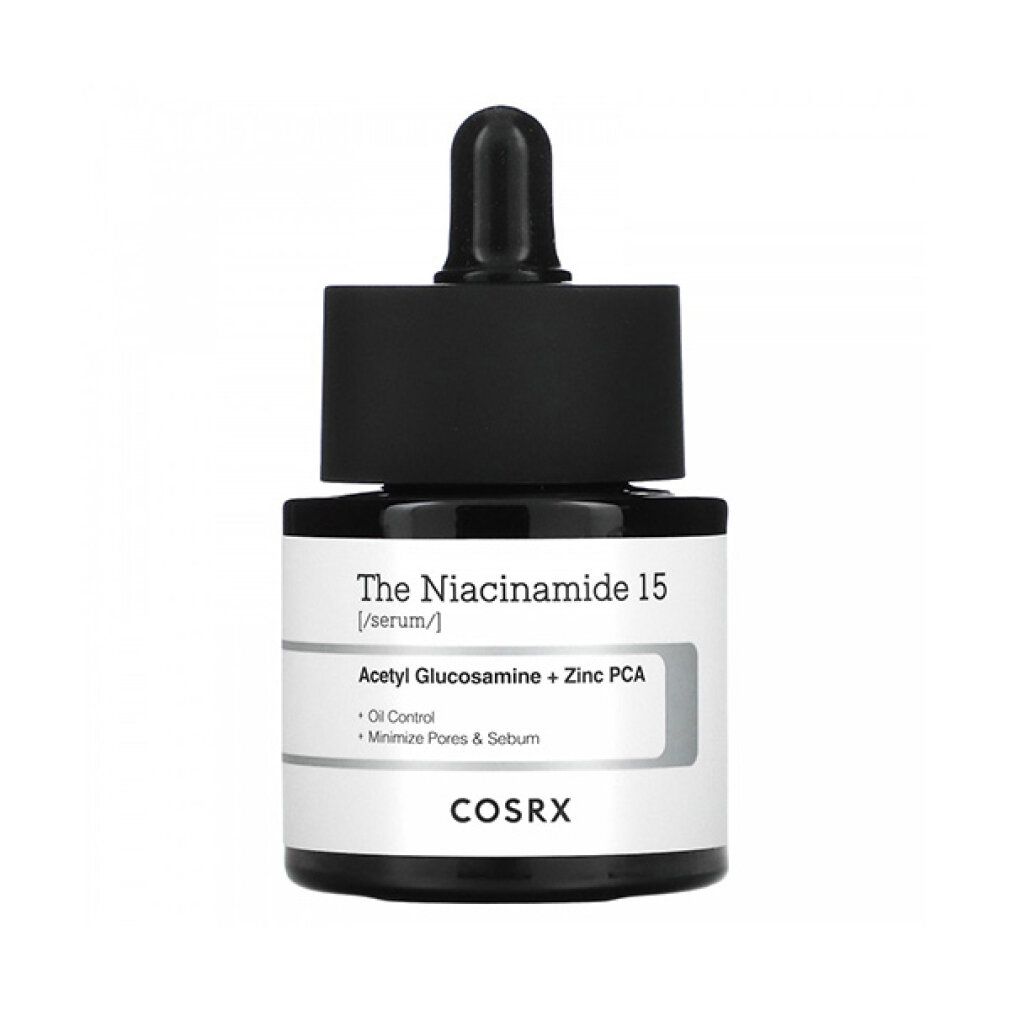 COSRX The Niacinamide 15 Serum Flasche mit Pipettenverschluss. Enthält Acetyl Glucosamin + Zink PCA.