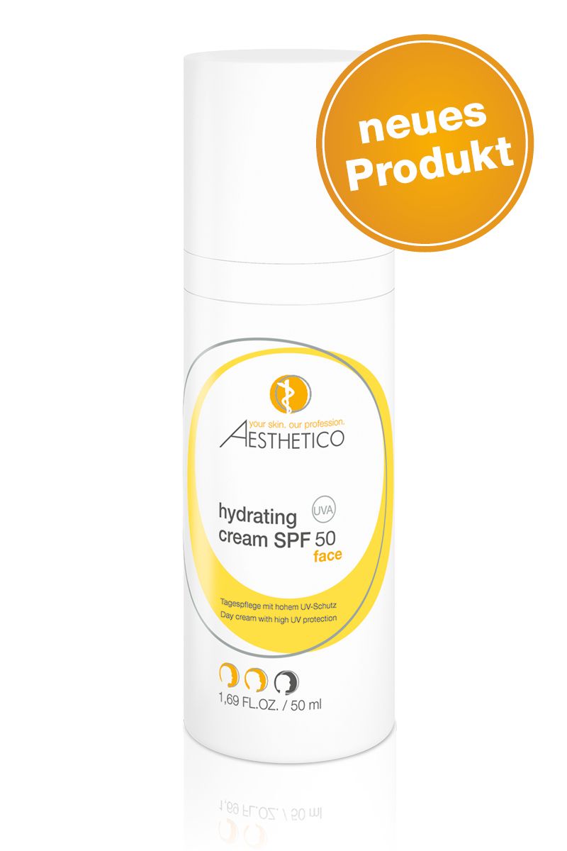 Aesthetico Hydrating Cream SPF 50 Face. Weiße Flasche mit gelben Akzenten. Neues Produkt-Siegel. Text: Tagespflege mit hohem UV-Schutz.