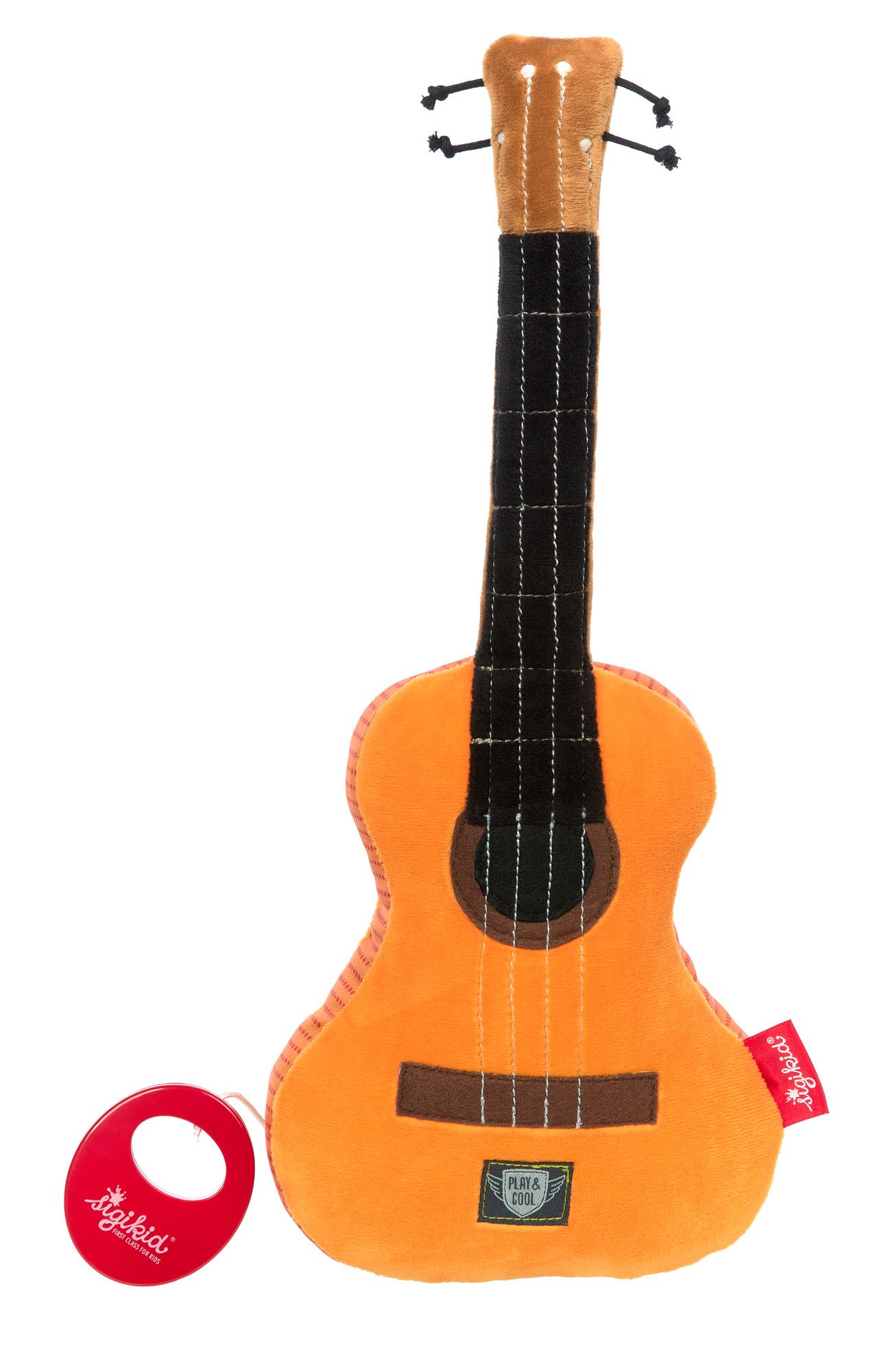 Orangene Spieluhr-Gitarre mit schwarzen Details. Roter Anhänger mit Logo. Aufgenähtes Label "Play & Cool".